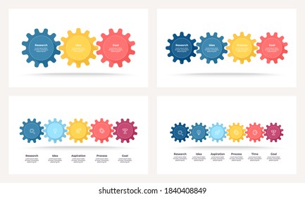 Business infographic elements. Timeline with 3, 4, 5, 6 steps, options, gears. Vector process chart.