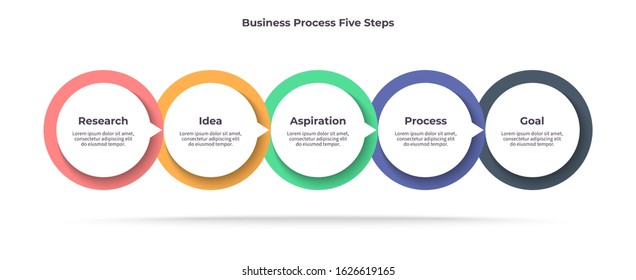 Business infographic elements. Timeline with 5 steps, options, circles. Vector chart.