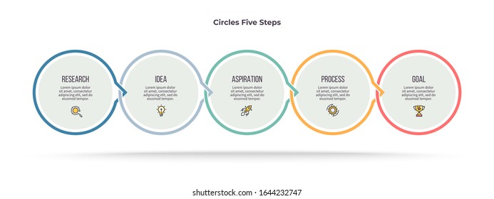 Business infographic elements. Timeline with 5 steps, options, circles. Vector chart.