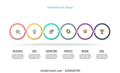 Business infographic elements. Timeline with 6 steps, options, circles. Vector process chart.