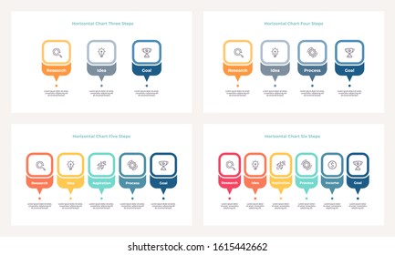 Business infographic elements.  Timelines with 3, 4, 5, 6 steps, options, labels. Vector charts.