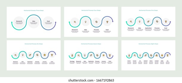 Business infographic elements. Timelines with 3, 4, 5, 6, 7, 8 steps, options, circles. Vector process chart.