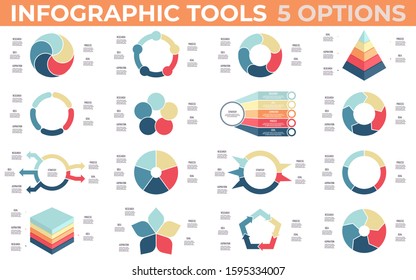 Business infographic elements. Vector Charts, graphs, diagrams, data visualization templates with 5 steps, options, processes.