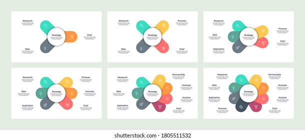 Business infographic elements. Vector Charts, graphs, diagrams, data visualization templates with 3, 4, 5, 6, 7, 8 steps, options, processes.