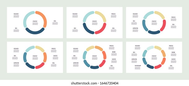 Business infographic elements. Vector pie charts, graphs, diagrams, data visualization templates with 3, 4, 5, 6, 7, 8 steps, options.
