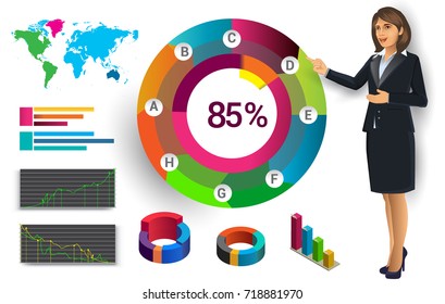 Business infographic elements vector set, business woman and other elements for infographic. Template for diagram, graph, presentation and chart. Business concept with parts, steps or processes.