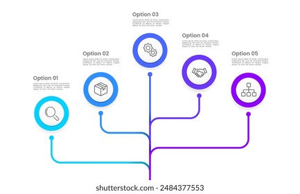 Business infographic with five options for making business decisions. Work processes, marketing, planning, timelines, and annual reports. Vector illustration.