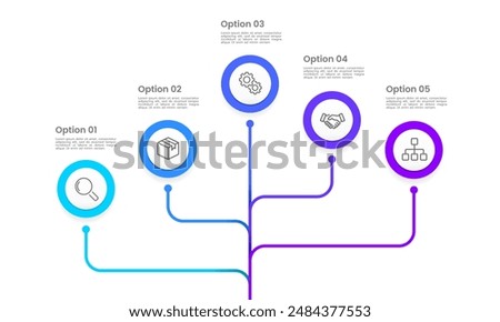 Business infographic with five options for making business decisions. Work processes, marketing, planning, timelines, and annual reports. Vector illustration.