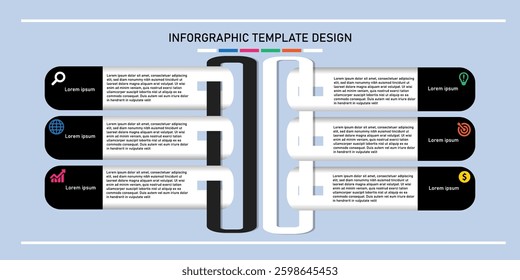 a business infographic, flows with two linked columns. Capsule-shaped sections contain icons for search, global network, growth, innovation, target, and finance for data presentation.