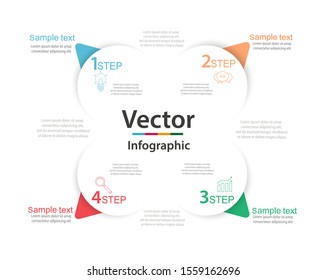 Business infographic  with four round paper white elements with arrows or pointers. Round  chart with 4 colorful circular elements and steps.  Flat infographic design template for presentation, banner