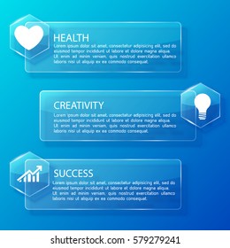 Business infographic glass horizontal banners with text hexagons and white icons on blue background isolated vector illustration