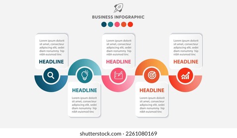 Business infographic Gradient colorful process with circle and rectangle shape icons,number and 5 options on white paper,Vector illustration.