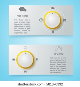 Business infographic gray horizontal banners with text circles icons on blue background isolated vector illustration