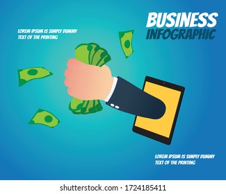 Business infographic - Hand of businessman holding income from the tablet.