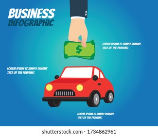 Business infographic - Hand of businessman putting money into the car, achievement award, save money for car.