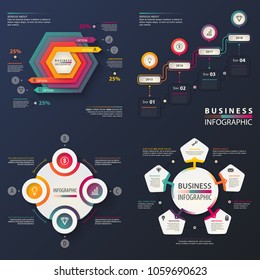Business infographic with hexadecimal chart and round connected pieces, steps over years. Infochart with lamp and lock, envelope and diamond. Work and developing, information and marketing theme