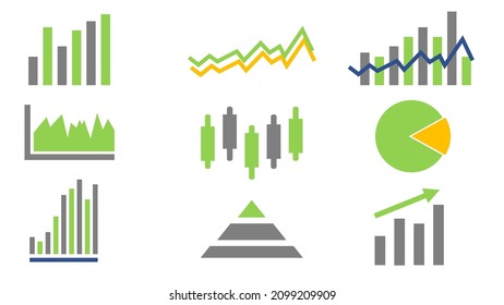 business infographic icon, up and down trend. stock market illustration vector. pie charts, lines, arrows, histograms.