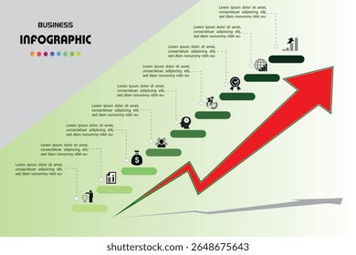 Um infográfico de negócios que ilustra um processo de crescimento ou resolução de problemas em 9 etapas com uma seta ascendente vermelha e ícones, para visualização de dados ou apresentações.	