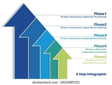 Business infographic illustration of 5 stage arrows: phase 1 2 3 4 5