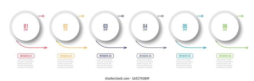 Business Infographic label design with arrow and number options. Timeline with 6 steps, processes. Vector illustration.