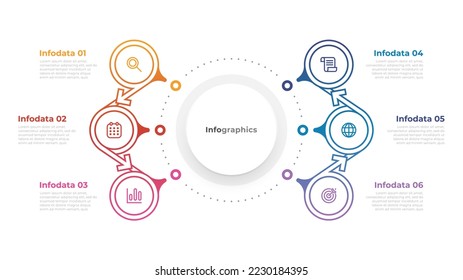 Diseño de etiquetas infográficas de negocios con flechas e iconos de marketing. Proceso de línea de tiempo con 6 opciones o pasos. Ilustración vectorial.