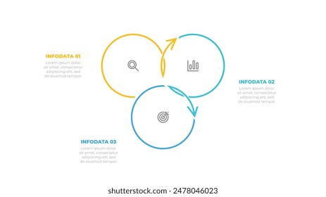 Business infographic label design with circles and arrows. Cycle process elements with 3 options or steps. Vector illustration.