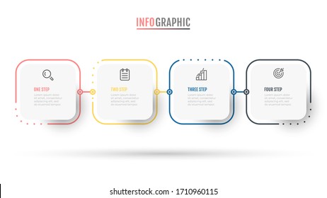 Business infographic label design with thin line process and square objects. Timeline with 4 options or steps. 