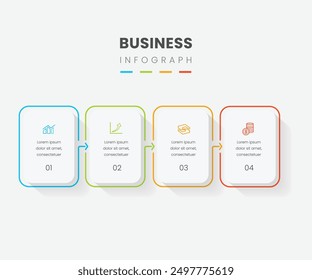 Diseño de etiquetas de infografía de negocios con proceso de línea delgada y objetos cuadrados. Timeline con 4 opciones o pasos. 