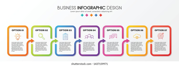 Business infographic layout with 7 options. Diagram. Vector