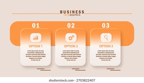 Business infographic layout featuring a 3 step timeline design. Suitable for workflow charts, process diagrams, presentations, banners.