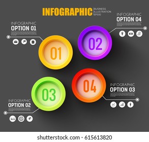 Business infographic layout for website with four colorful option buttons on black background flat vector Illustration 