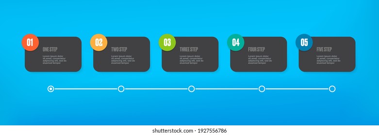 Business infographic line process with square template design with icons and 5 options or steps on blue background. Vector progress paper dark grey modern web banners set design template