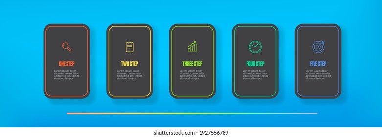 Business infographic line process with square template design with icons and 5 options or steps on blue background. Vector progress paper dark grey modern web banners set design template
