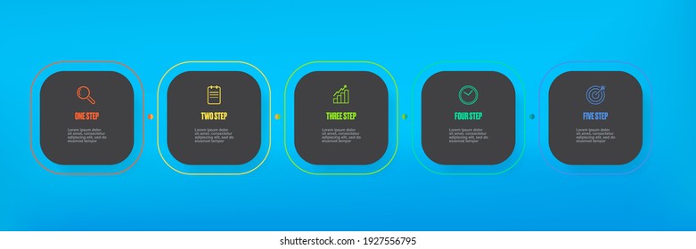 Business infographic line process with square template design with icons and 5 options or steps on blue background. Vector progress paper dark grey modern web banners set design template
