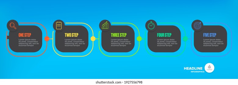 Business infographic line process with square template design with icons and 5 options or steps on blue background. Vector progress paper dark grey modern web banners set design template