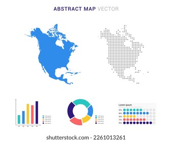 Business Infographic with map of North America abstract set blue dotted map  vector illustration.