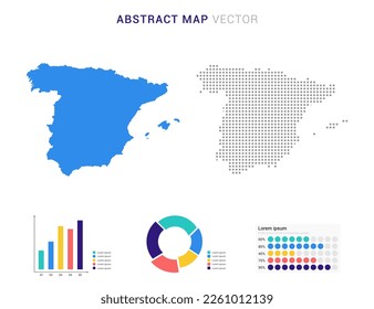 Infografía de negocio con mapa de España abstracto conjunto azul de ilustración de vector mapa de puntos.