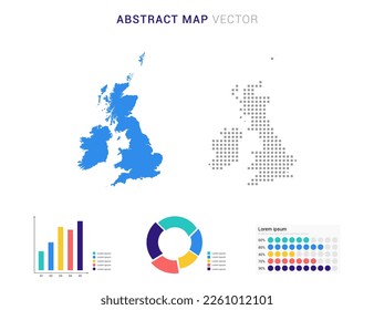 Infografía empresarial con mapa del Reino Unido (Reino Unido) abstracto conjunto azul de ilustración de vector de mapa con puntos.