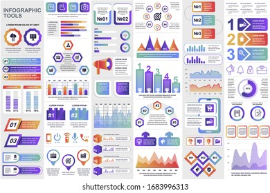 Business infographic modern elements set. Business info visualization bundle for analytics and statistics show. Colorful mosaic diagram, stock and flow charts, line and bar graphs vector illustration.
