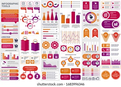 Business infographic modern elements set. Business info visualization bundle for analytics and statistics show. Colorful mosaic diagram, stock and flow charts, line and bar graphs vector illustration.