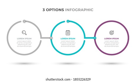 Business infographic modern template design with circles and icons. Timeline processes with 3 options or steps. Vector illustration.