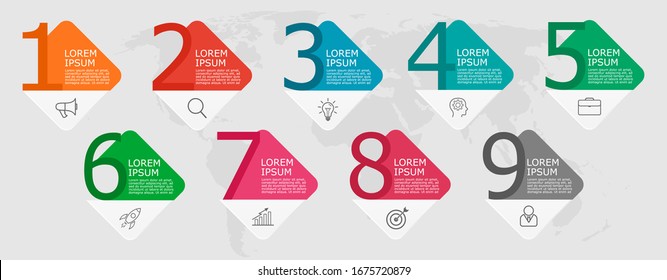Business Infographic with numbers 9 options. Used for presentation,education,marketing,
project,strategy,learn,creative,growth,stairs,web,text,layout,web,data,idea,diagram,textbox,sign,flow,plan,work.