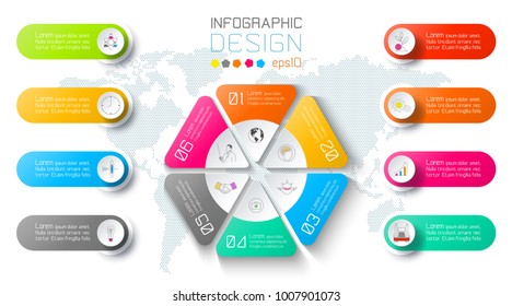 Business infographic on world map background with 8 labels around hexagon circle.