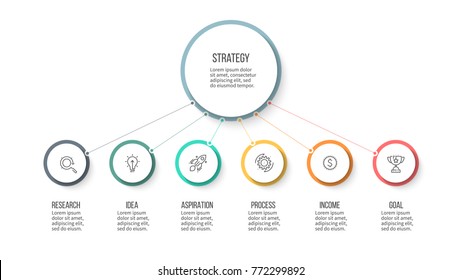 Business infographic. Organization chart with 6 options, circles and main part. Vector template.