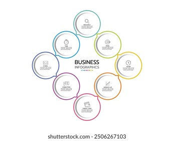 Business infographic. Organization chart with 8 options with icons. Vector template.