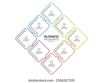 Business infographic. Organization chart with 8 options with icons. Vector template.