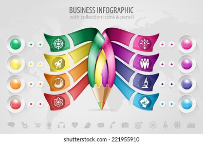 Business Infographic with Pencil, Icons and Map. Vector Template
