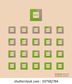 Business infographic percentage diagram set from 0 to 100 percent green color