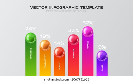 Business infographic presentation with 6 options. Dynamic bars chart design template. Statistics graphic visualisation.