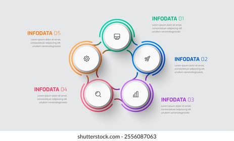 Business Infographic Presentation with Circle Label 5 Options, Thin Line and Icon for Presentation